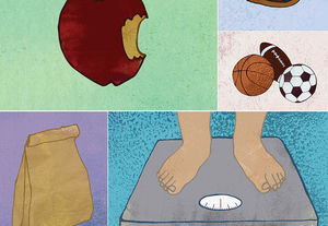 a collage of illustrations of an apple, a cheeseburger, various sports balls, a brown paper bagged lunch, and feed on a scale