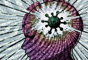 illustration of a head with the depiction of a coronavirus bursting from the brain