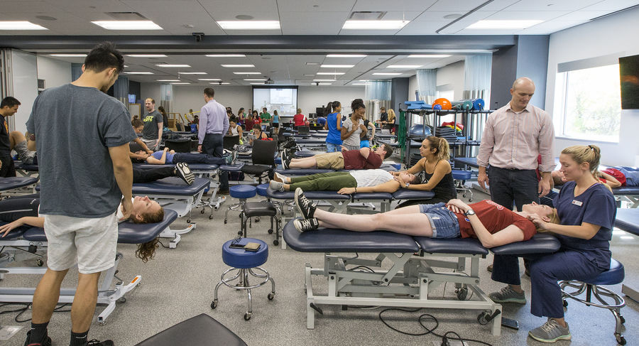 Physical therapy students lay on tables as their classmates use their fingers to palpate their necks