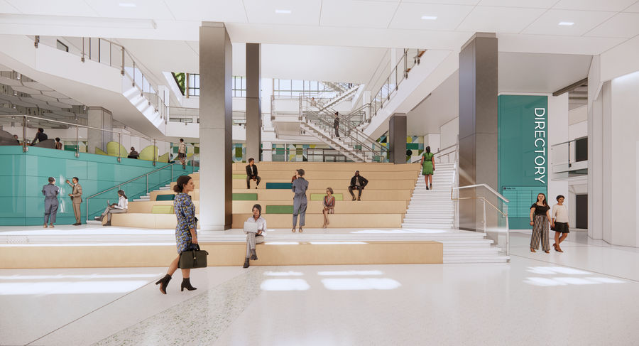 Paley Hall’s spacious atrium will feature natural light and gathering places.