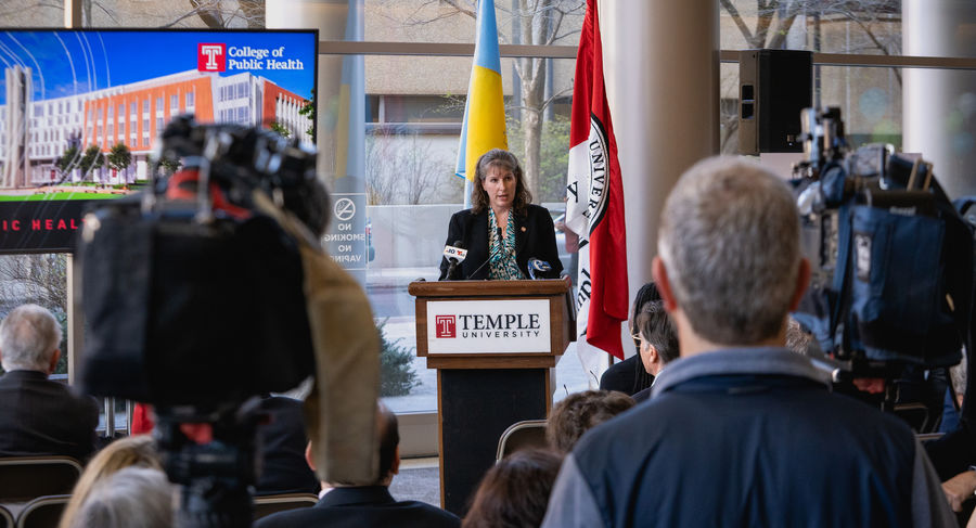 Interim Dean Jennifer Ibrahim addresses a crowd at the groundbreaking reception