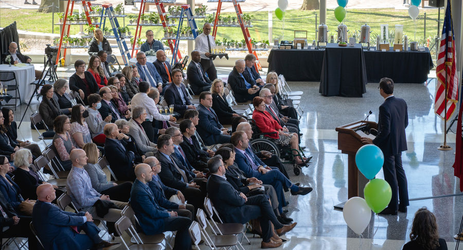 Provost Gregory Mandel addresses a crowd at the groundbreaking reception