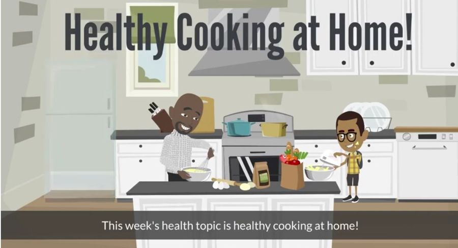 cartoon of a man and a boy cooking with the text: Healthy Cooking at Home!