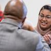 A student participates in a mock interview