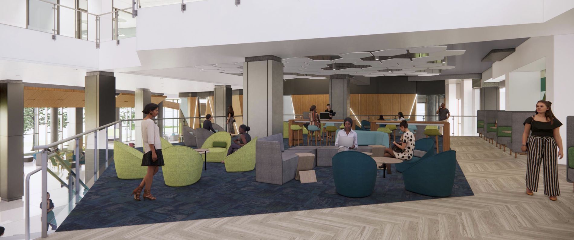 Architectural rendering of the mezzanine area in the renovated Paley Hall