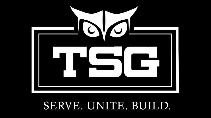 temple student government logo. An owl graphic with the letters TSG and the caption, "Serve. Unite. Build."