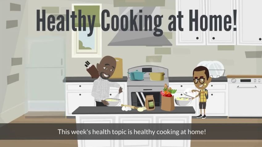 cartoon of a man and a boy cooking with the text: Healthy Cooking at Home! 