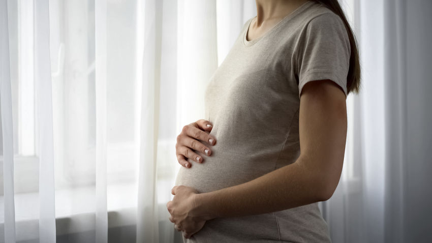 a pregnant woman looking out of a window