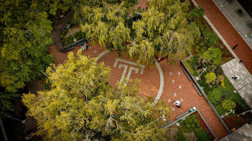 aerial shot of temple main campus