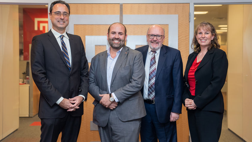 provost gregory mandel, board of visitors member christopher barnett, school of social work director phil mccallion, and interim dean jennifer ibrahim