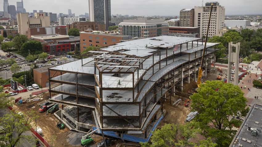 an aerial view of the construction of Paley Hall