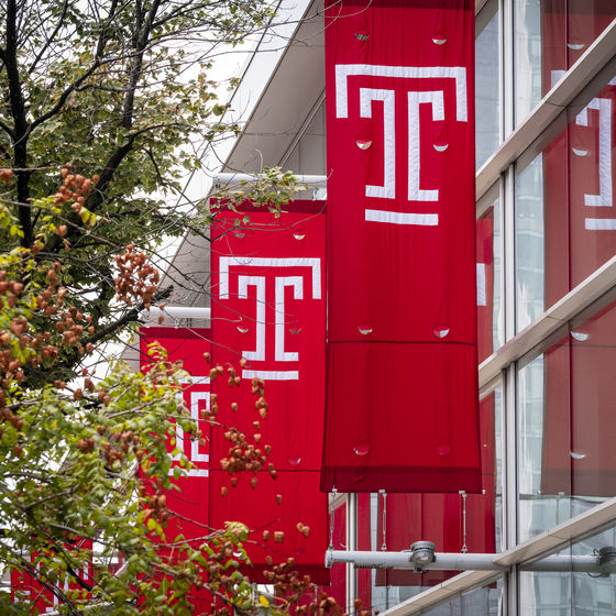Temple flags hanging on the side of the SERC building