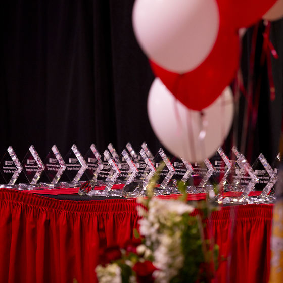 a table set up with small trophies recognizing Temples Diamond Award Recipients