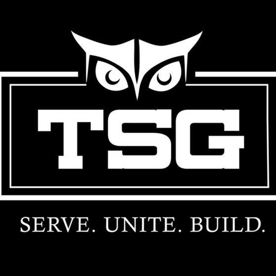 temple student government logo. An owl graphic with the letters TSG and the caption, "Serve. Unite. Build."