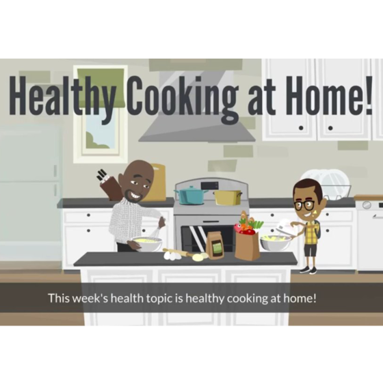 cartoon of a man and a boy cooking with the text: Healthy Cooking at Home! 